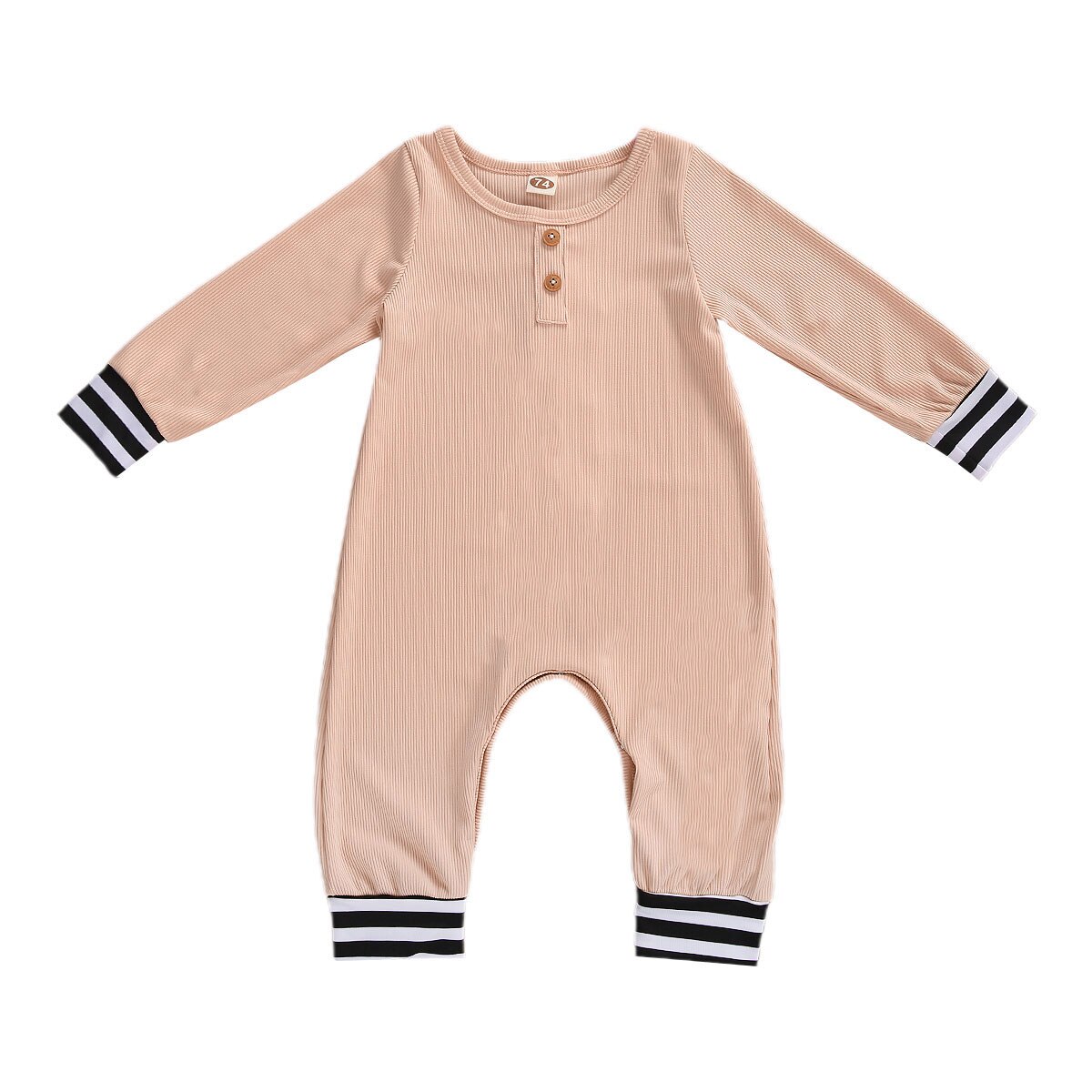 Peuter Herfst Kleding O-hals Lange Mouwen Geribbelde Jumpsuit Met Strepen Manchetten En Terug Trimmings Voor Baby Meisjes, Jongens: Roze / 12m