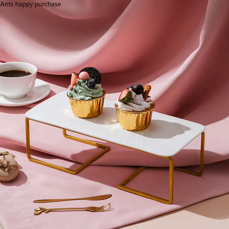 Golden Wrought Iron Cake Stand White Ceramic Plate Cake Pan Snacks Dessert Plate Display Stand Banquet Desktop Decorative Frame