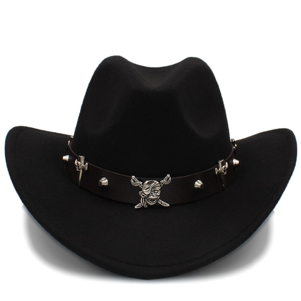 Kvinder mænd uld hule vestlige cowboy hat pirat læder bælte herre far jazz ridning sombrero hombre cap størrelse 56-58cm