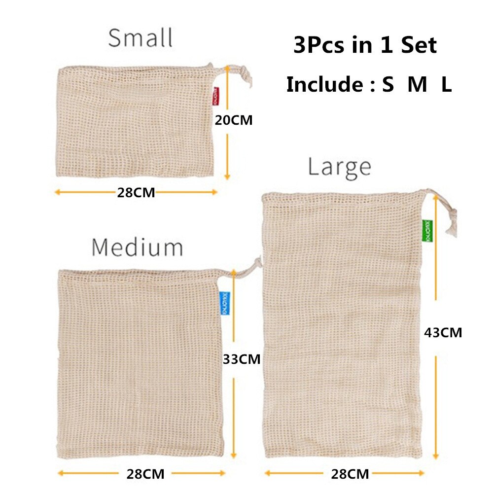 bolsas ecologicas reutilizables Bolsa reutilizable de malla de algodón para frutas vegetales bolsa de almacenamiento lavable de cocina bolsas reutilizables verduras y fruta: 3pcs