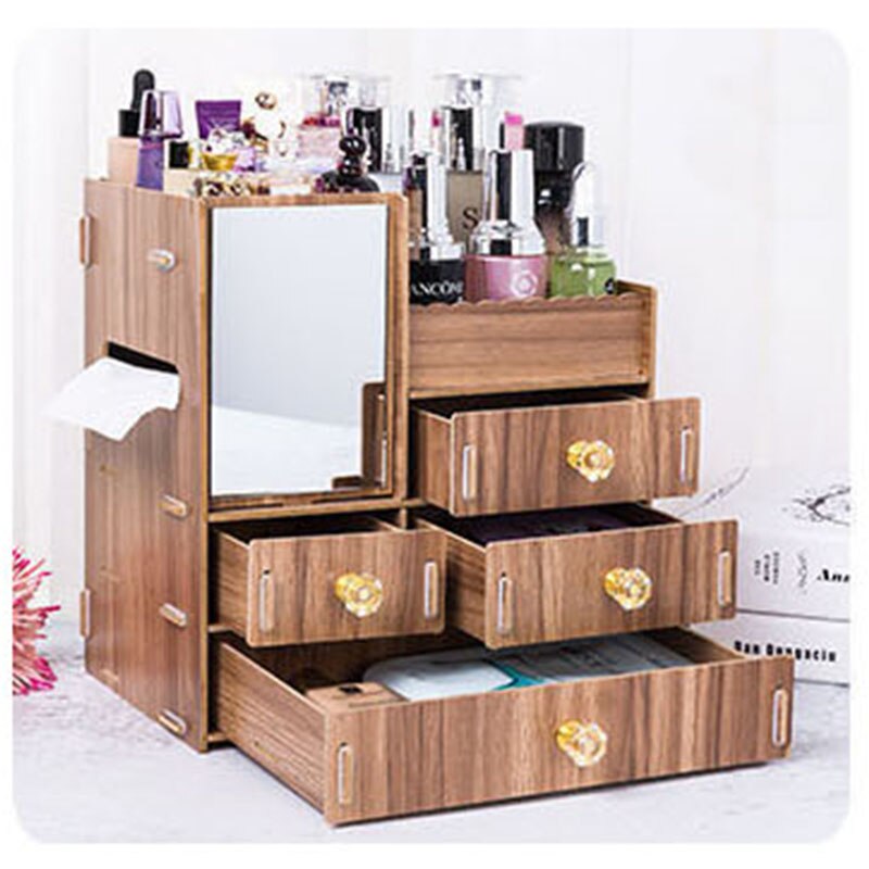 Organizador de maquillaje de madera con espejo, cajón de escritorio, organizador de cosméticos para mujer, tocador, lápiz labial, Perfume, caja de almacenamiento de joyería: Bingo Wood