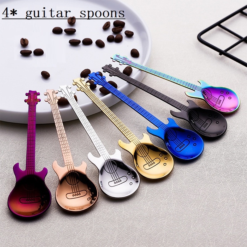 4pcs Stainless Steel Guitar Shaped Love Coffee Spoon Teaspoon Children Spoon Beautiful 7 Colors Coffee Tea Use