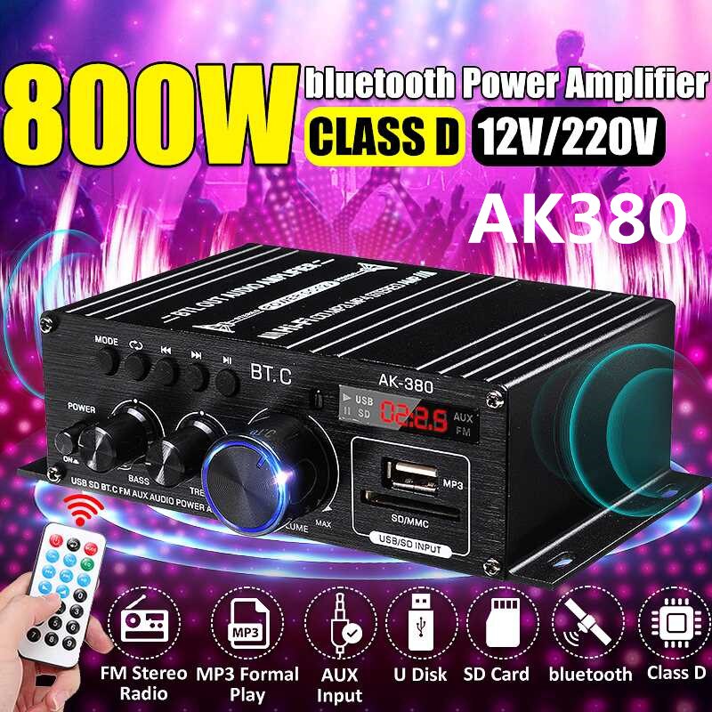 800W bt Home Digital Amplifiers Audio 110-240V Bass Audio Power bluetooth Amplifier Hifi FM Auto Music Subwoofer Speakers: AK380