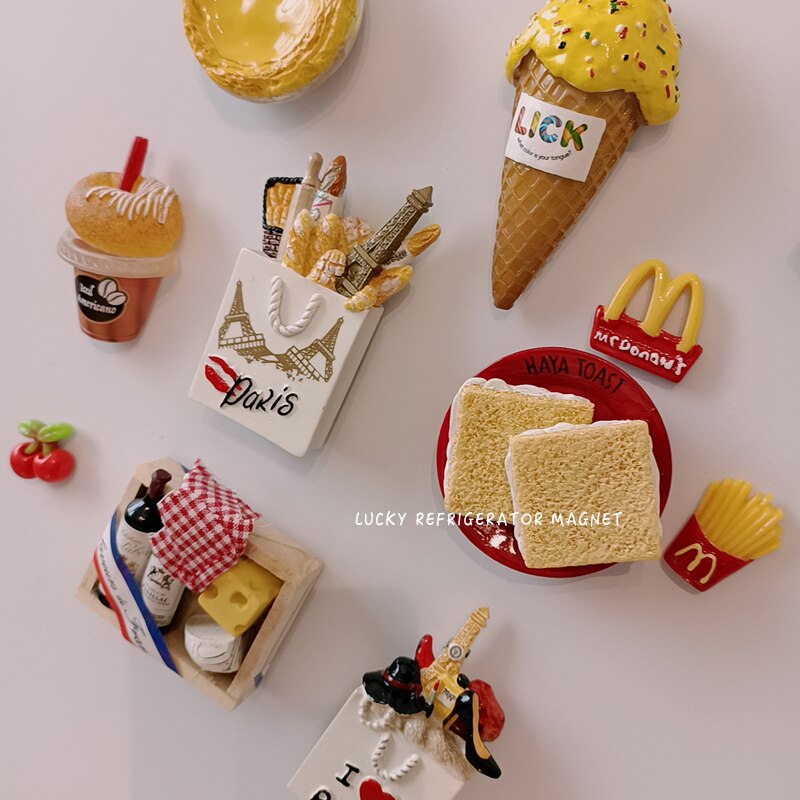 Resin Cute Cartoon Food Fridge Magnetic Sticker French Fries Ice Cream Egg Tart Refrigerator Magnet Photo Wall Paste Home Decora