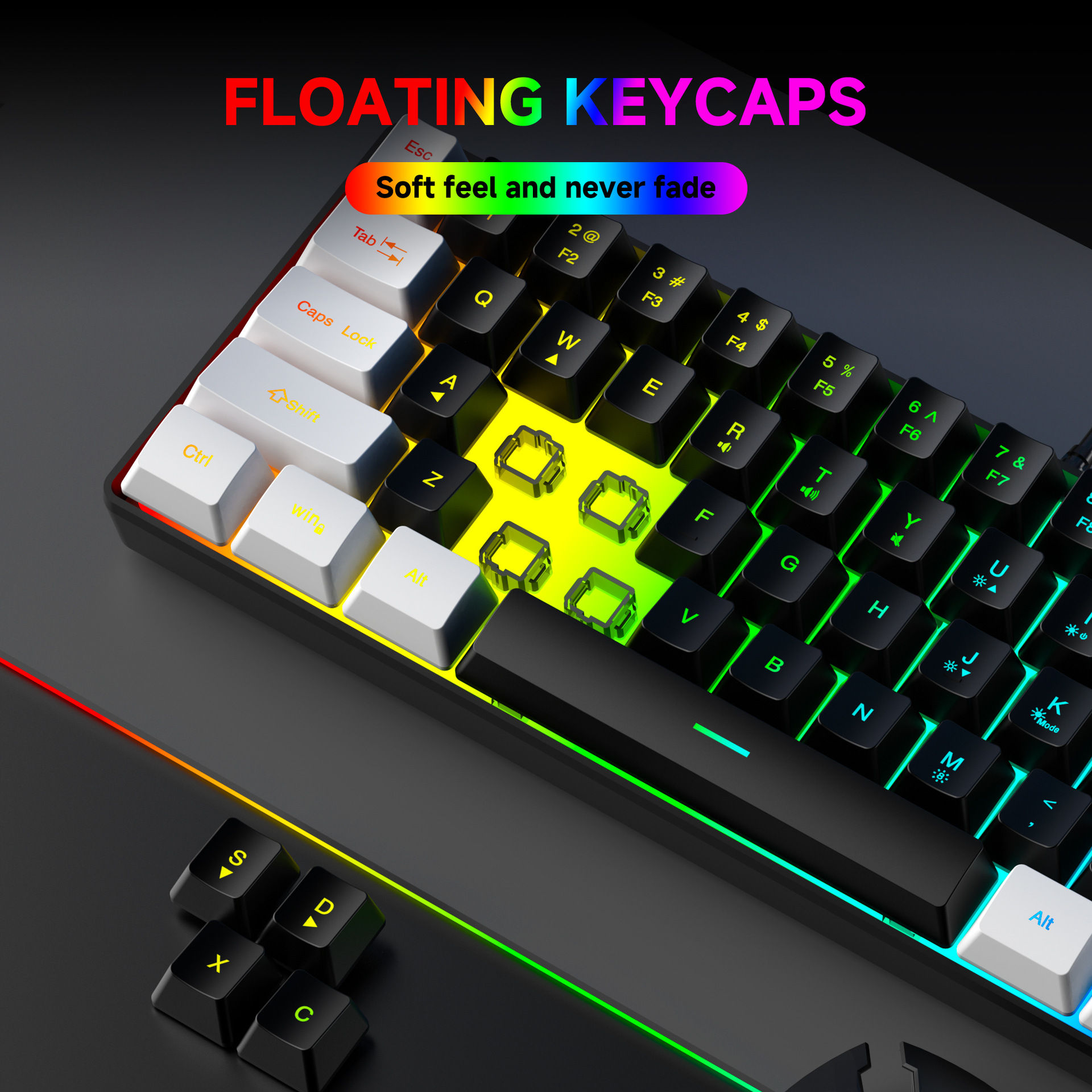 USB-verkabelte RGB-Gaming-Tastatur, 61 Tasten, weiß, schwarz, kompakte Mini-Bürotastatur und Maus für PC, Desktop-Computer, Gamer-Tastatur