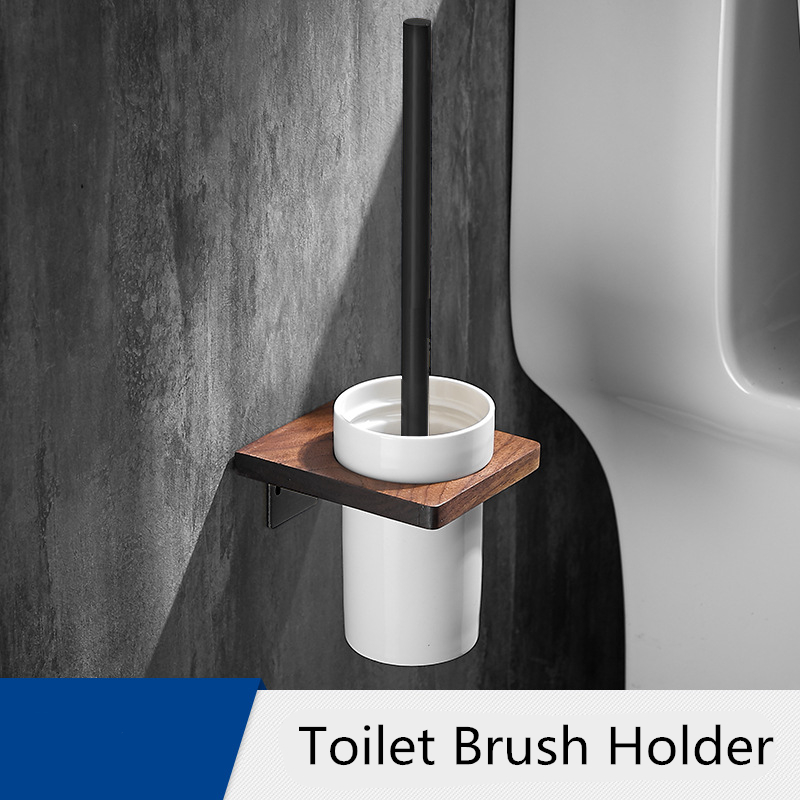 Juego de accesorios de baño, toallero negro de madera de nogal, soporte de papel higiénico, barra de toalla, gancho para Bata: Toilet brush holder