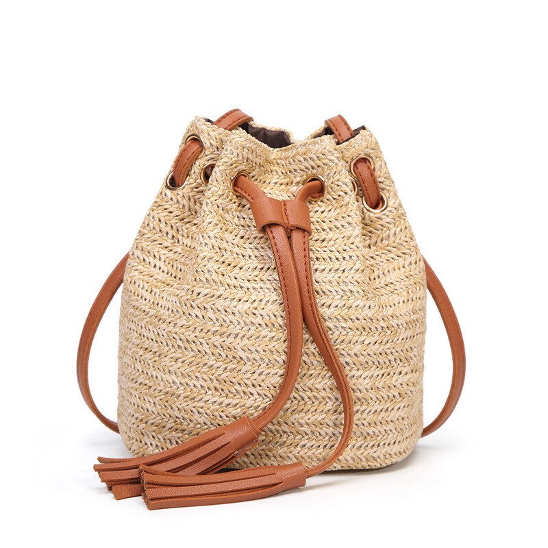 Feminino cor sólida de alta capacidade tecer borlas ombro balde mensageiro bolsa crossbody bolsas femininas sac principal femme #35: Brown