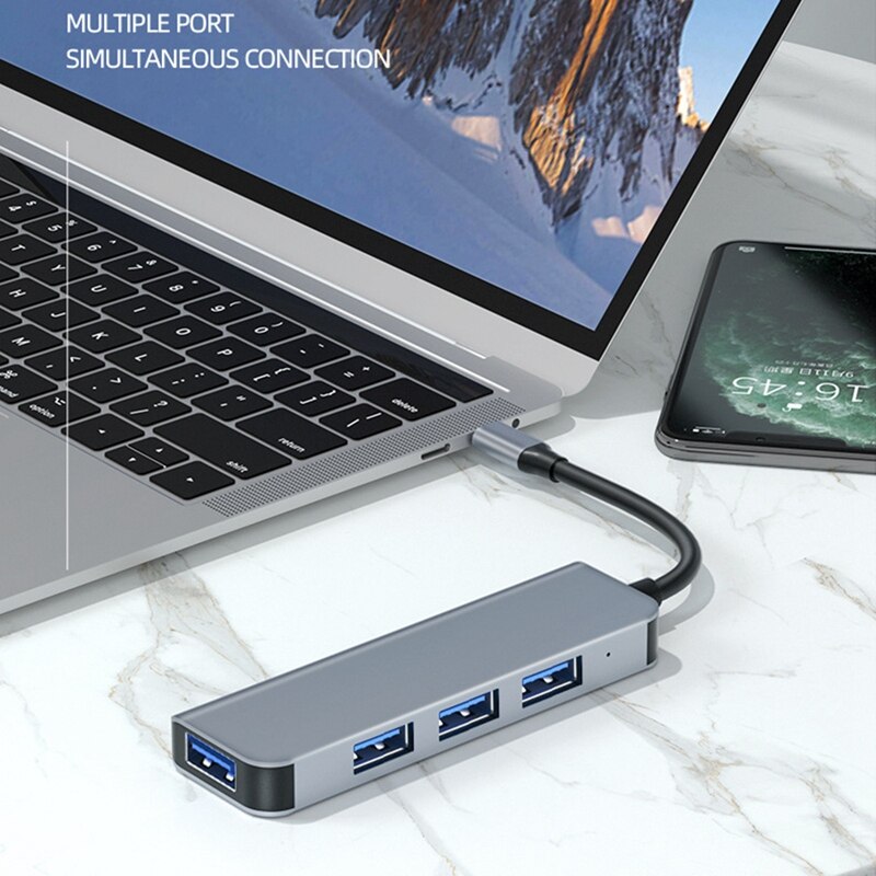 4-Port USB Data Hub Adapter, Aluminum USB Hub 3.0 with SuperSpeed 5Gbps, Compatible for ,Flash Drive and More