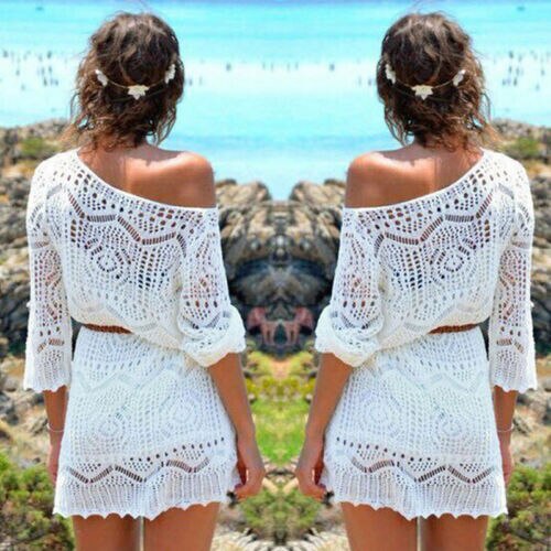 Frauen Damen Spitze Häkeln lässig Kleid Sommer Kleidung Abdeckung hoch Bademode Badeanzug Sommer Bademode