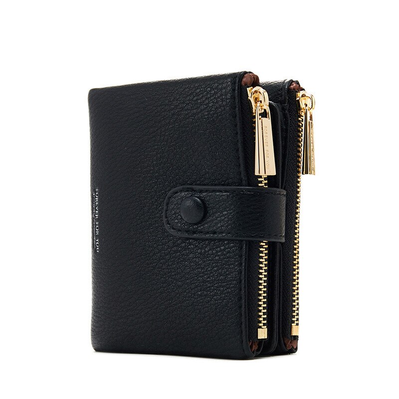 YIZHONG-portefeuille en cuir femme à Double fermeture éclair, porte-monnaie de luxe, court, multi-cartes, petit miroir, pochette: black