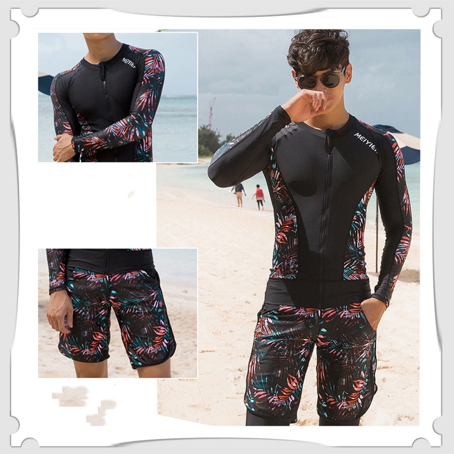 Koreansk stil mænds rush guard langærmet badedragt upf 50 surfing skjorte + shorts + leggings rashguard sæt til mand plus l -3xl