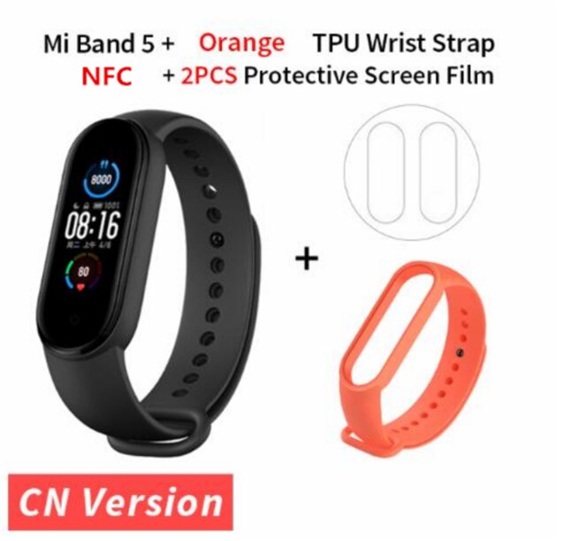 Xiaomi Mi Band 5 NFC Version Smart Bracelet AMOLED Screen Miband 5 Smartband Fitness Traker Bluetooth Heart Rate Smart Band: orange strap film