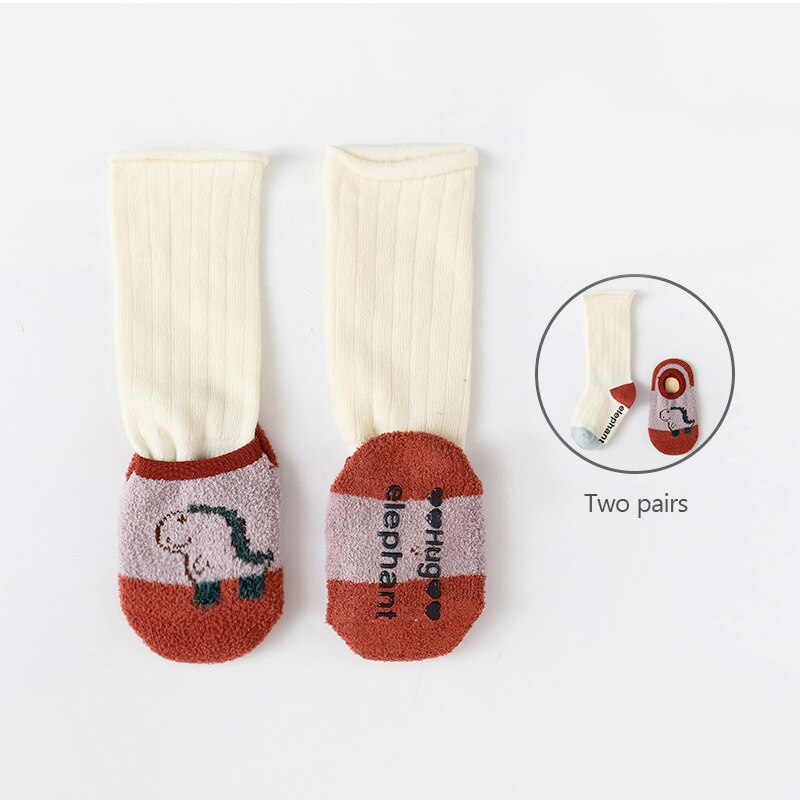 2 Pair/set Cartoon Dinosaur Baby Socks Winter Autumn Non Slip Warm Cotton Kids Socks For Boys Girls 0-12M: white