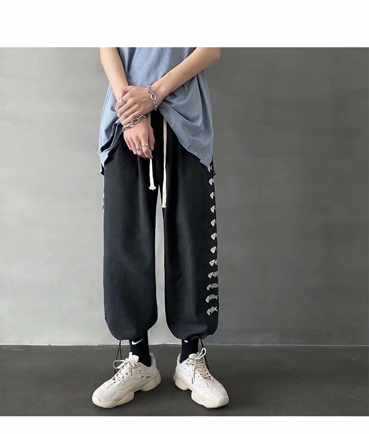 Calças masculinas sólido lado listrado fishbone sweatpants casual solto coreano grandes dimensões harem calças streetwear japonês corredores calças