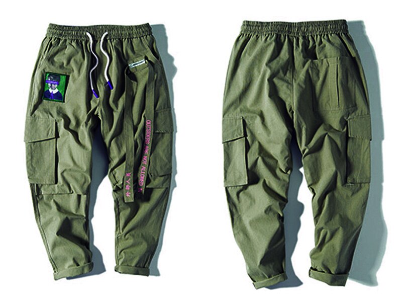 2021 nowa, w stylu Streetwear Hip Hop Cargo spodnie mężczyźni i kobiety wstążka wyszywane litery japońskie spodnie do biegania Casual Harem Pants Pink: L / green