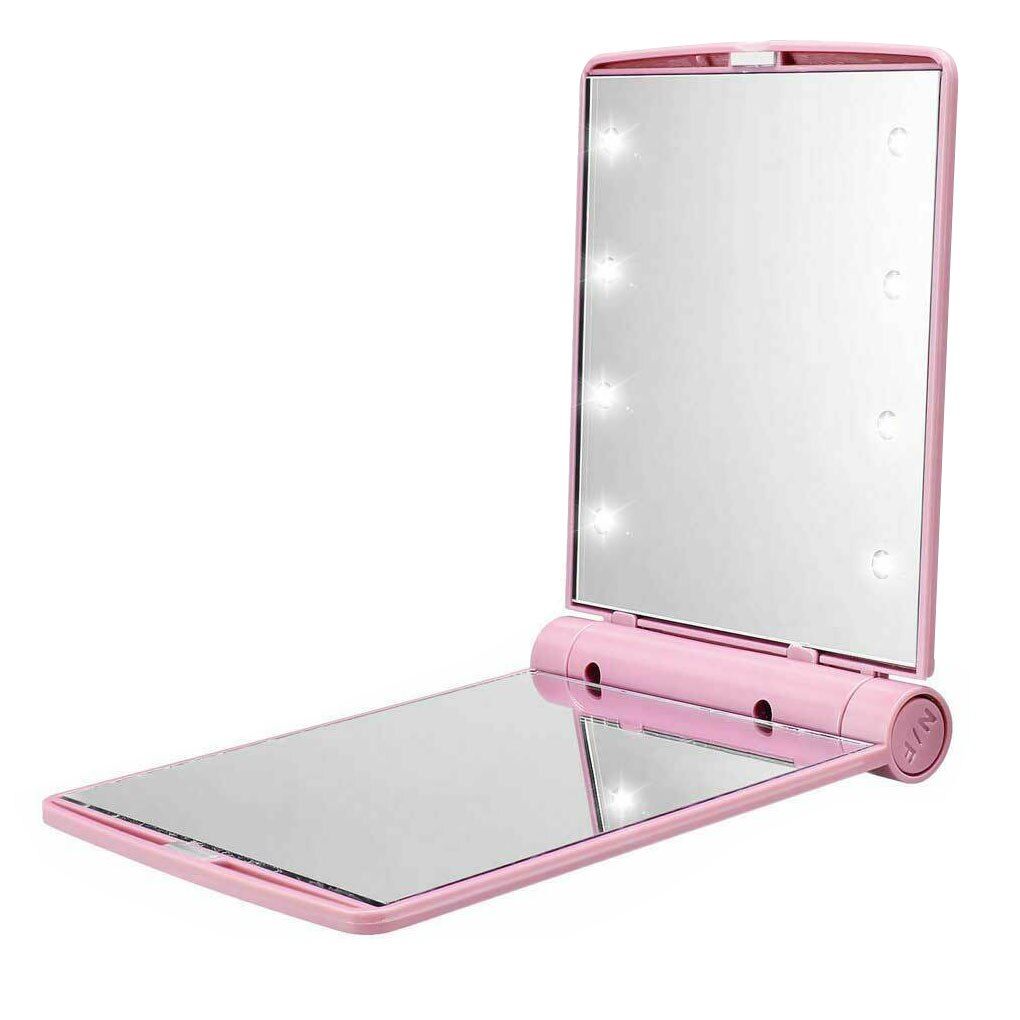 Opvouwbare Make-Up Spiegel Vrouwen Outdoor Draagbare Cosmetische Abs Plastic Opvouwbare Spiegel Met 8 Led Verlichting Lampen: Pink