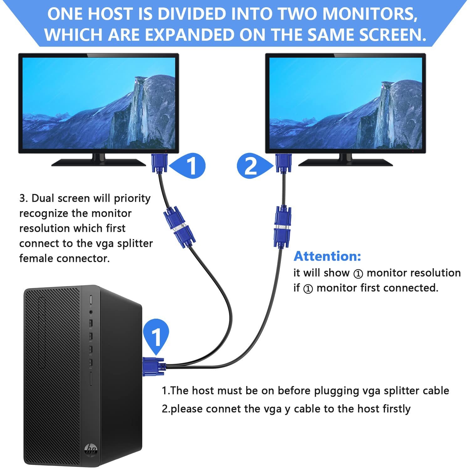 VGA-Splitterkabel, 1080P, Dual-VGA-Monitor, Y-Kabel, 1 Stecker auf 2 Buchsen, Adapterkabel zur Bildschirmvervielfältigung für Projektoren, HDTVs