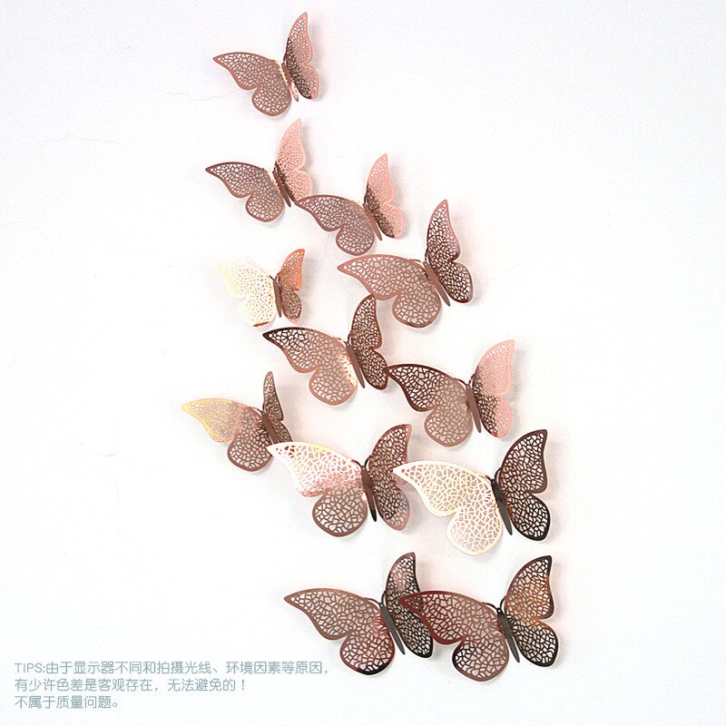 3d metalen stickers voor kamerdecoratie, 3d vlinders voor thuis, kinderkamer muurstickers, festival, feestindeling: Roségoud-b