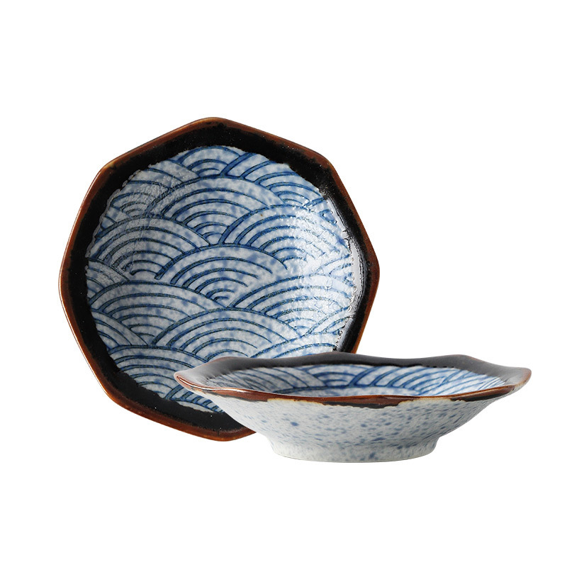 Japanese Retro Ceramic Sauce Dish Pickle Plate Kitchen Geometric Pattern Soy Sauce Dishes Small Fruit Dessert Snack Sushi Plates