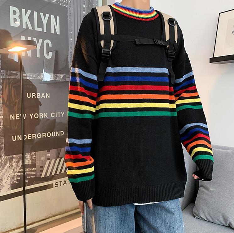 Rainbow striped sweater Korean autumn and winter loose knit men's sweaters