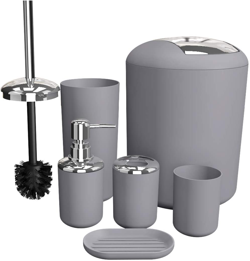 Ensemble d'accessoires de salle de bain, Ensemble d'accessoires de salle de bain, porte-savon, poubelle, brosse de toilette, gobelet, Kit de produits de première nécessité, 6 pièces: Grey