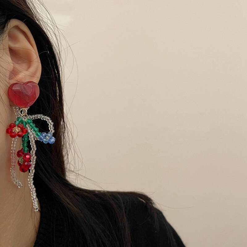 Pendientes colgantes de cristal para mujer y niña, aretes de resina con forma de corazón, flor, rojo, Vintage, francés, accesorios de joyería,