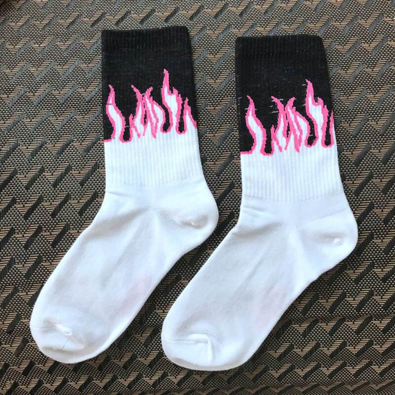unisex street style with fire socks fun flame pattern skateboard hip hop man cotton socks happy woman long socks: 3