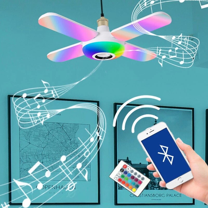Bluetooth musique ventilateur lumière 50W E27 RGB Bluetooth musique plafonnier LED 4 feuilles déformé ampoule lampe musique télécommande lampe ampoule