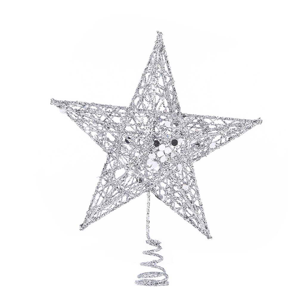 Sequin Star Xmas Tree Topper Metal Hollow Glitter Hanging Ornaments DIY Solid Color Shining Christmas Decor Photo Prop: silver25CM