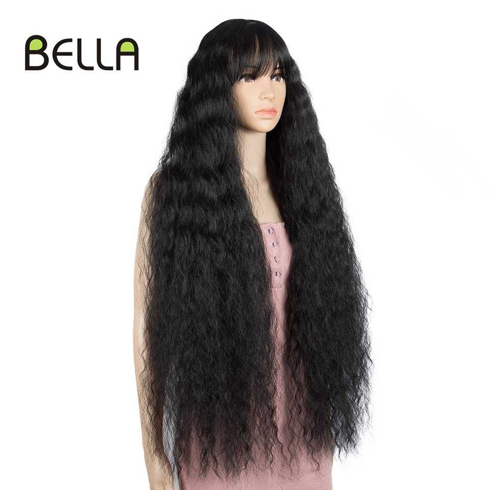 Bella Lace Front Pruik 36 Inch Lang Krullend Haar Pruik Met Pony Ombre Blonde Blauwe Kleur Cosplay Synthetische Lace Front pruik Voor Vrouwen