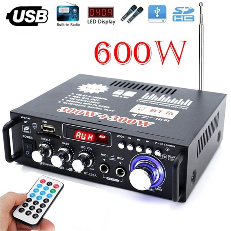 220-240V 600W Wireless Digital Audio Amplifier Bluetooth Stereo Karaoke Amplifier 2 MIC Input FM Home Theater Amplifier