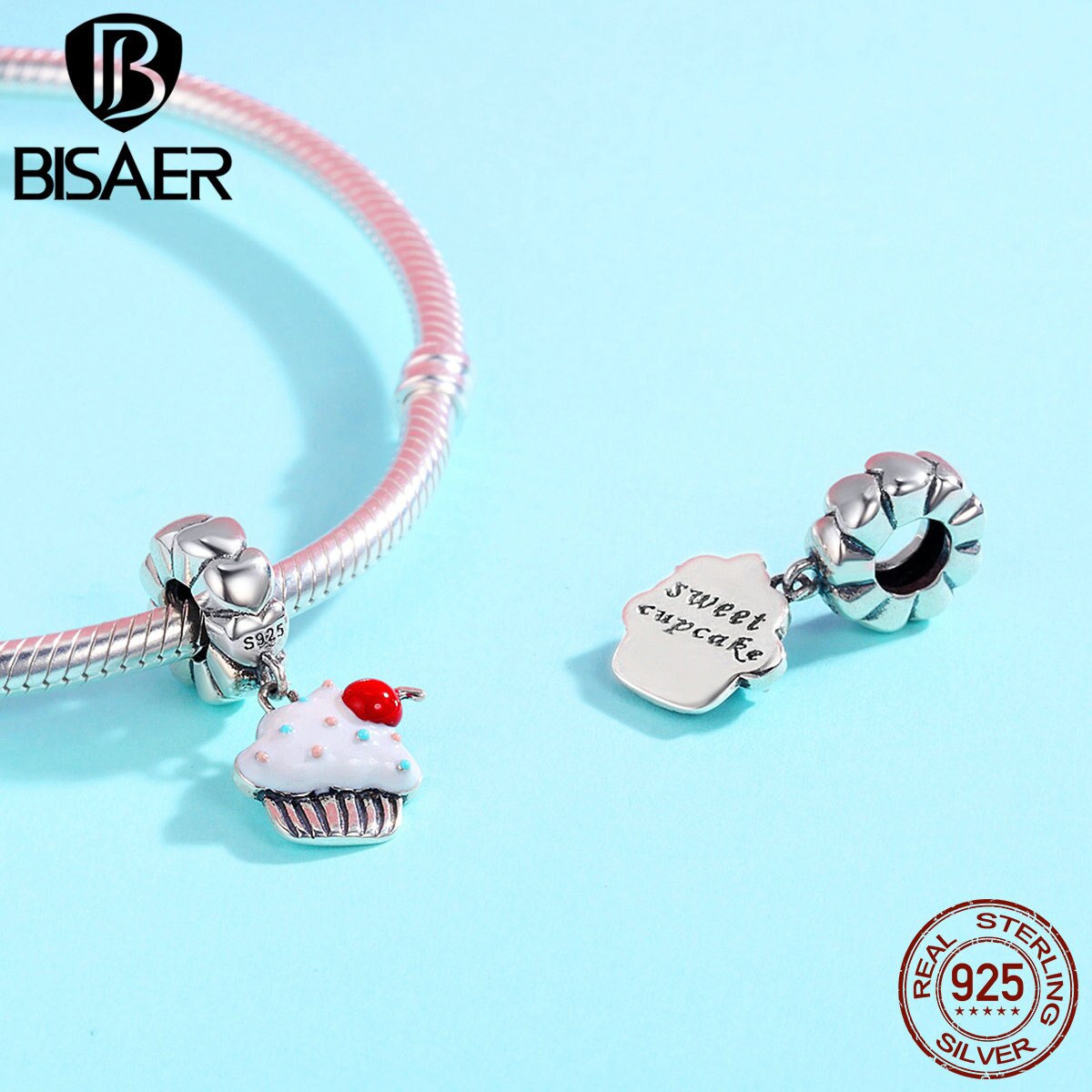 BISAER 100% 925 Sterling Silber Lecker Wüste, Kleine Geburtstag Kuchen Reize passen Authentische Original BISAER Armbänder ECC350