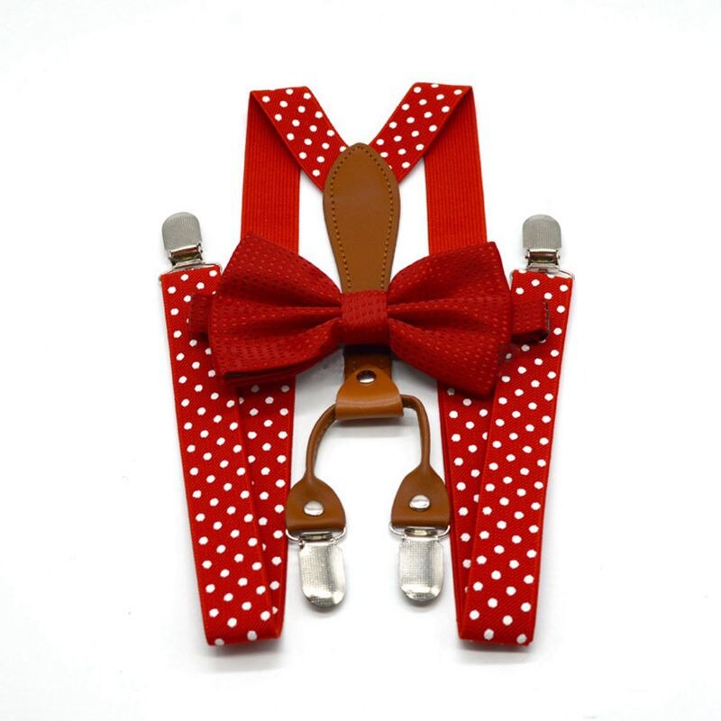 Yienws-nœud papillon à pois pour hommes et femmes, bretelles 4 clips en cuir, bretelles pour pantalons, rouge marine, YiA119: red