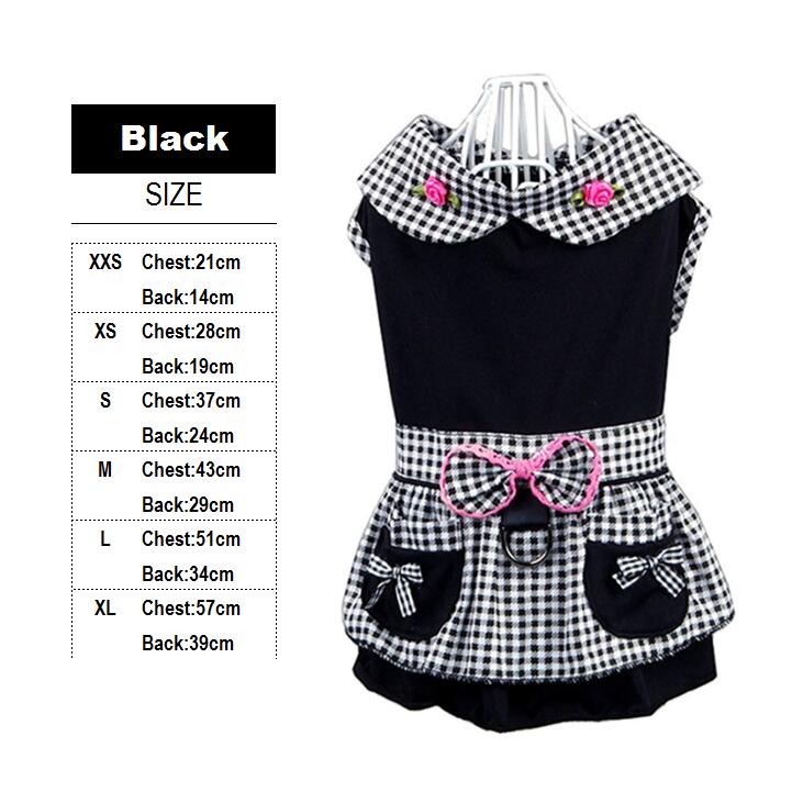 Dog Dresses Black Plaid Dog Clothes Built-in Harness Dress for Dogs Soft Rose Bowknot: M