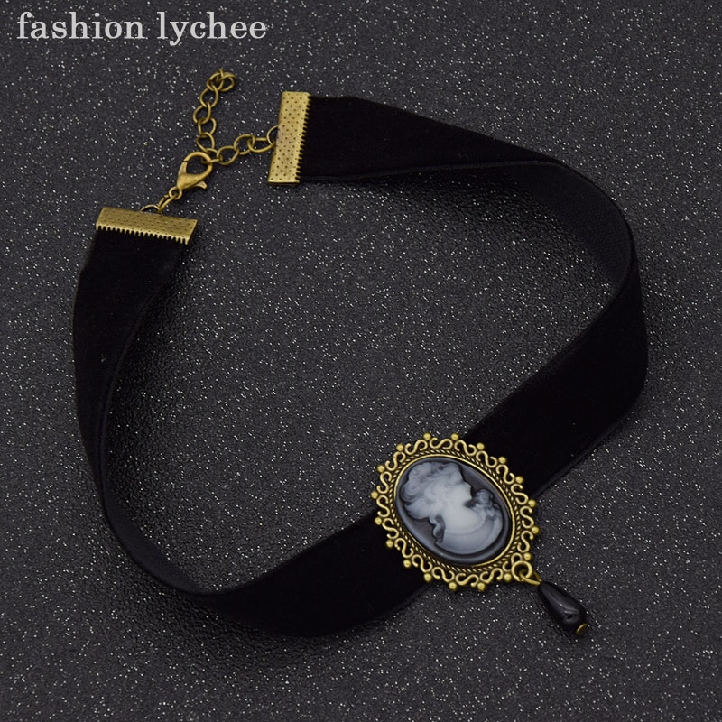 Collier litchi pour femmes, rétro gothique, style victorien, tête de beauté, camée, pendentif goutte, ras du cou, ruban, collier à la