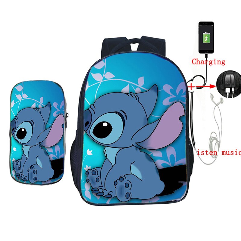 USB Opladen Rugzak Jongens Meisjes Stitch Gedrukt Rugzak Schooltassen met Etui 2 stks/set Casual Reizen Shouler Rugzak