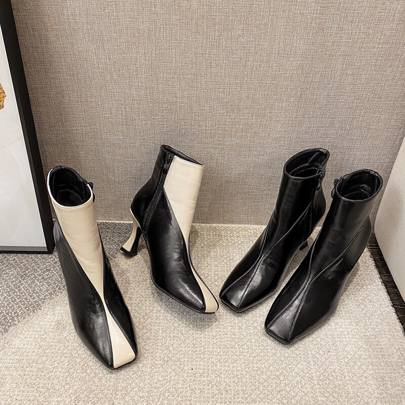 Gemengde kleuren dames enkellaarsjes vierkante neus dunne hoge hakken elegante dames herfst winter pumps zijrits schoenen vrouw