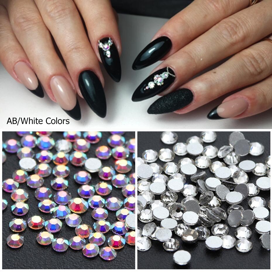 1440 stk ab hvide negle rhinestones sat flad tilbage negle strass krystal sten 3d nail art dekoration tilbehør værktøj  la880