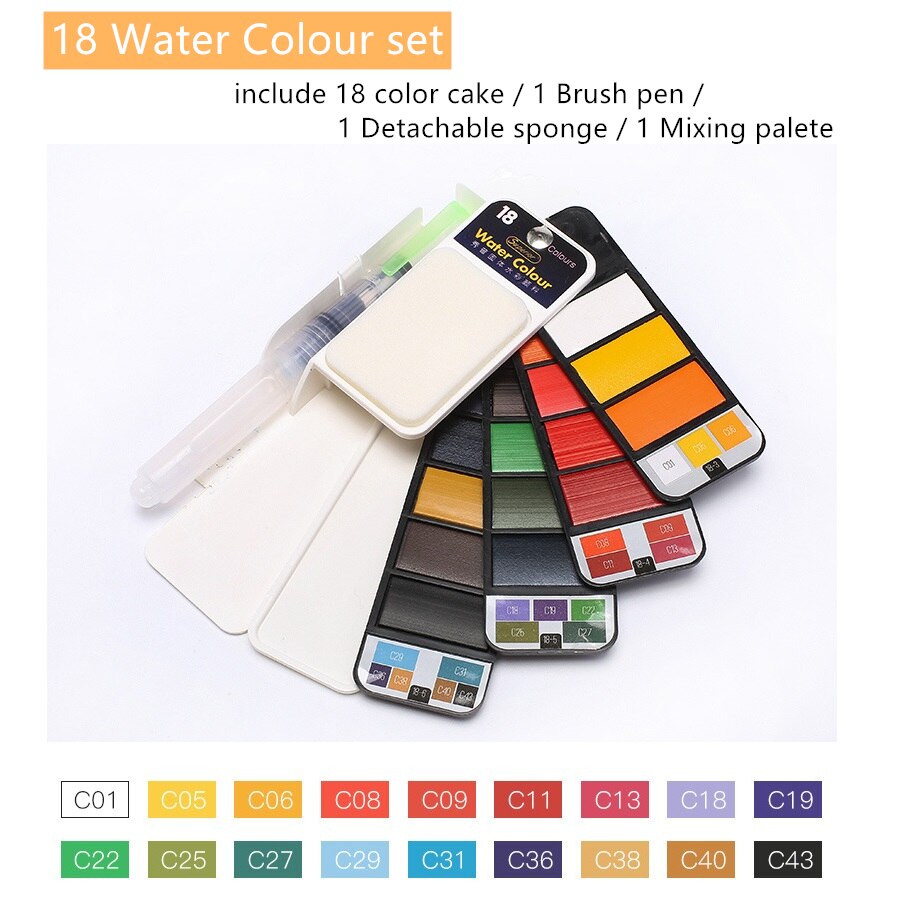 XIUP-Kit de pintura de acuarela sólida portátil en forma de abanico, paleta de pinturas superiores con pincel, suministro de Arte Artístico , H6151: 18 main color set
