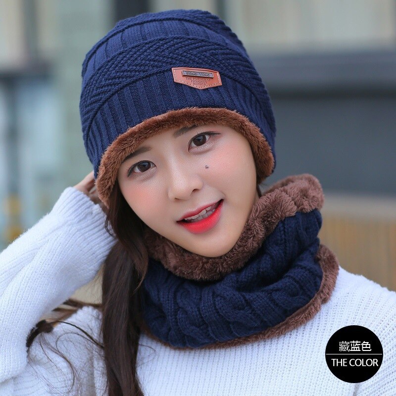 Conjunto de gorros de lana de Coral para hombre, bufanda cálida y transpirable, gorro de punto de lana con letras, gorro de doble capa, para invierno, Uds.: woman blue