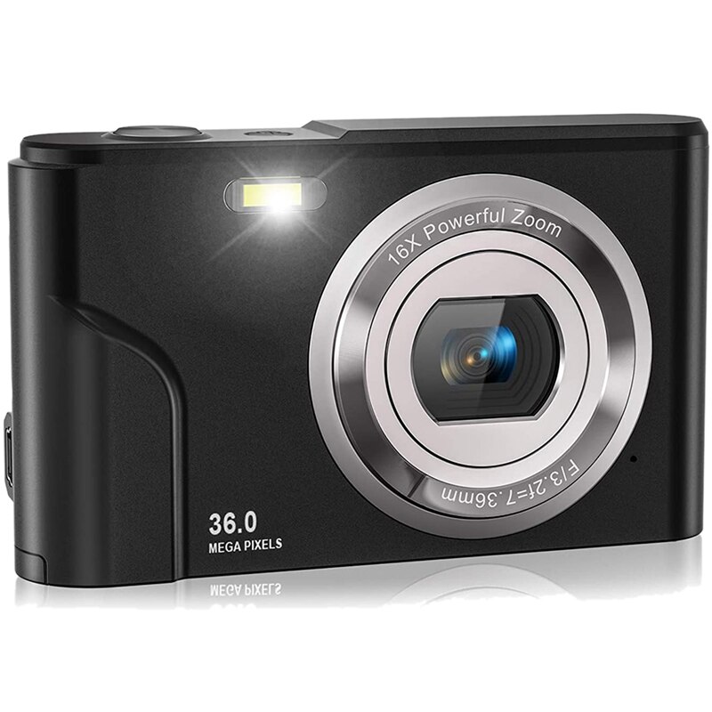 Fotocamera digitale 1080P 36.0 Mega pixel con Zoom digitale 16X, schermo LCD, Mini fotocamere portatili per studenti adolescenti: black