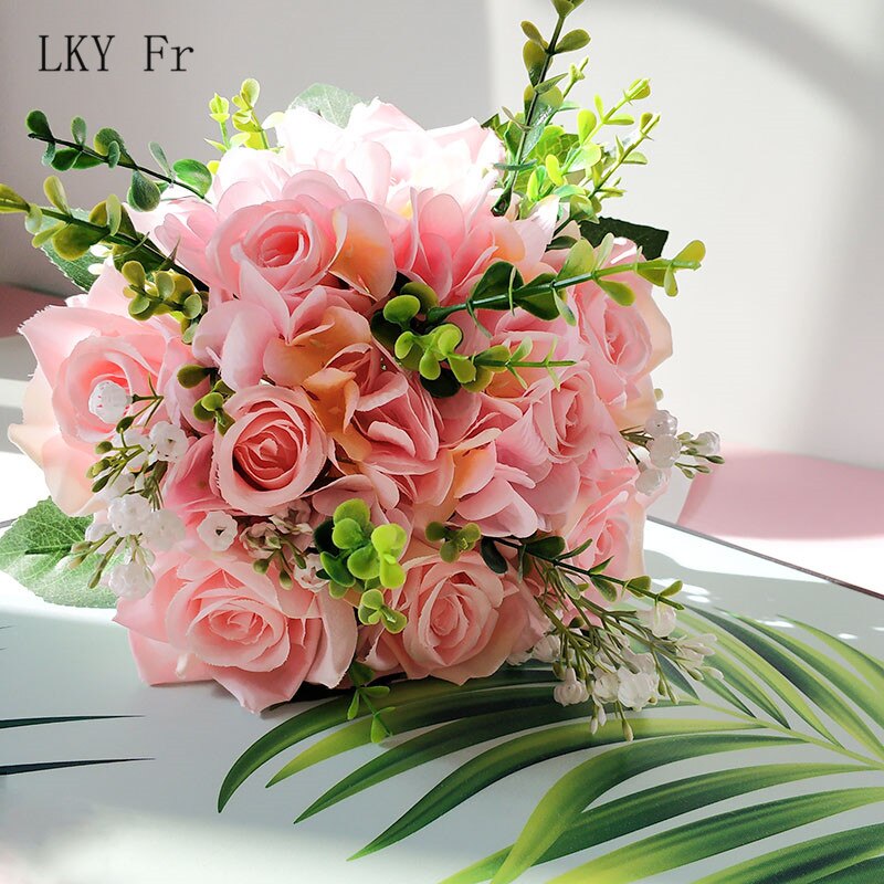 Lky Fr Bruiloft Boeket Bloemen Kunstmatige Bruidsboeket Bruid Accessoires Wit Roze Zijde Rozen Bruidsmeisjes Huwelijk Decoratie