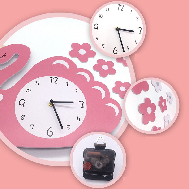 Roze Meisje Hart Kinderkamer Woonkamer Stille Klok 3D Cartoon Creatieve Persoonlijkheid Mode Roze Zwaan Wandklok