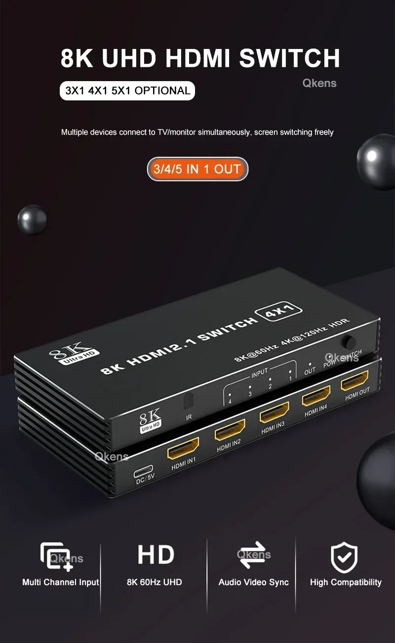8K 60Hz HDMI 2.1 Switch Splitter 3 4 5 Poort 3x1 4x1 5x1 HDMI Switcher Video Converter 4K 120Hz Ondersteuning CEC 48gbps HDR IR Afstandsbediening