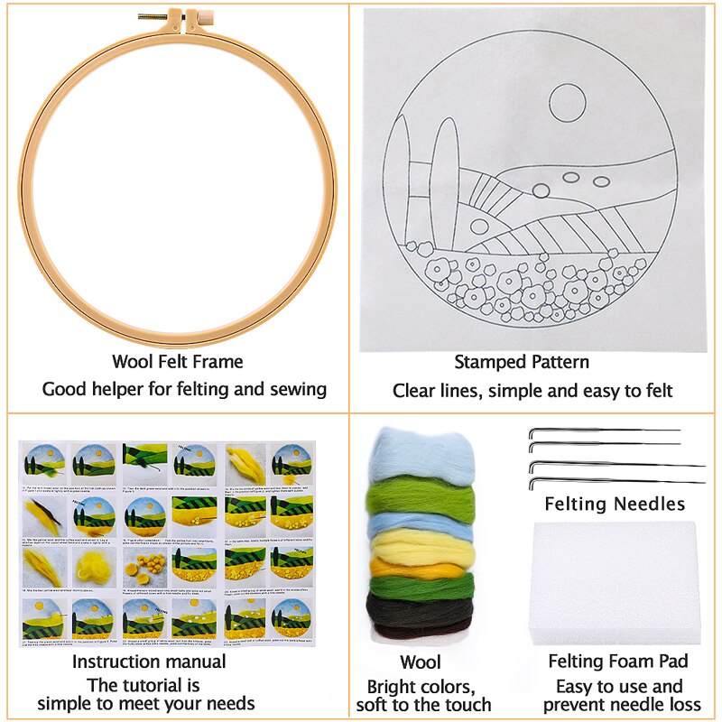LMDZ 1 Set Landscape Painting Handmade DIY Wool Felting Material with Embroidery Frame Wool Fiber and Instructions
