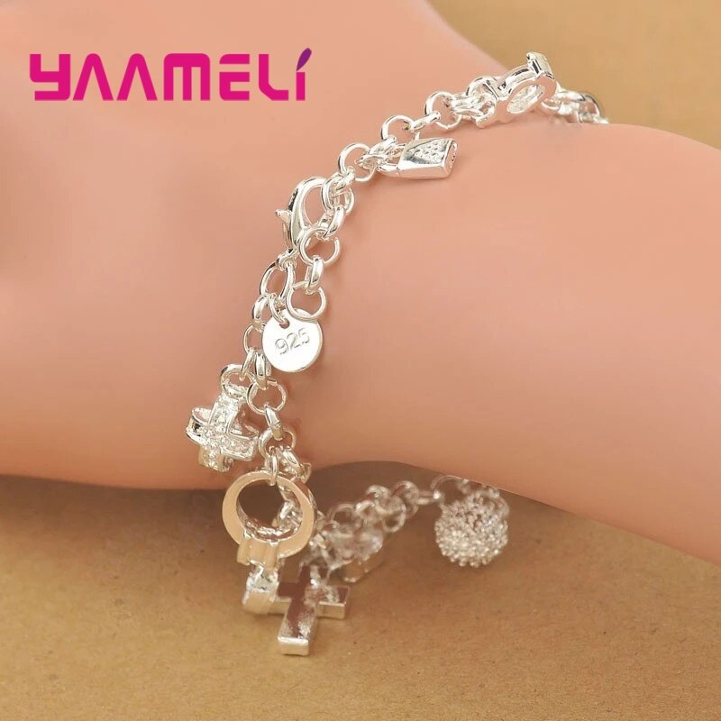 Exquisite Top 925 Sterling Zilveren Armband Mooie Cross Maan Hart Klok Bal Cube Ster Charmes Sieraden Voor Vrouwen Meisjes