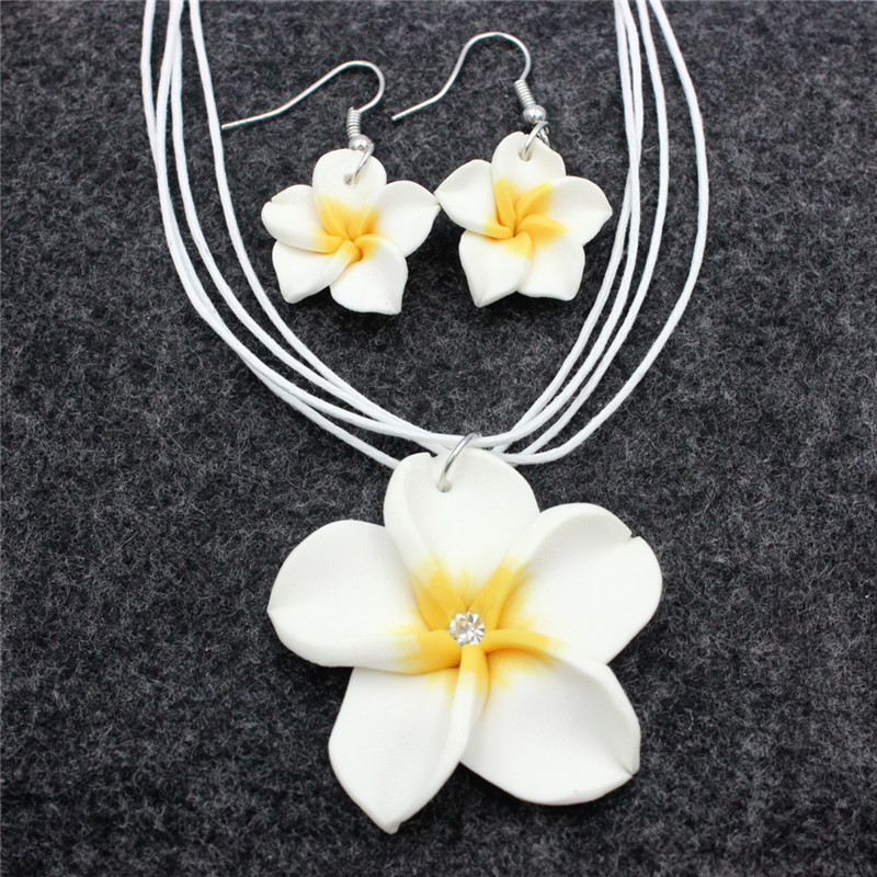 Girl Women&#39;s Fimo Flower Jewelry Sets Hawaii Plumeria Flowers Jewelry Sets Fimo Polymer Clay Earrings Necklace Pendant: White