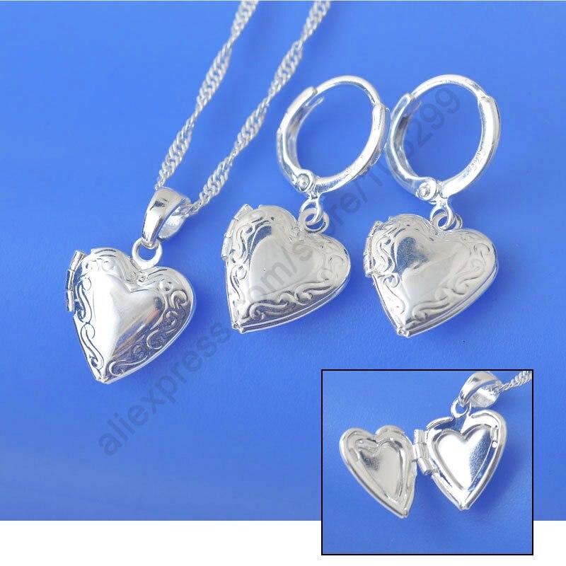 Nice Jewelry Sets Real Pure 925 Sterling Silver Jewelry Case Frame Small Heart Pendant Necklaces Hoop Earrings