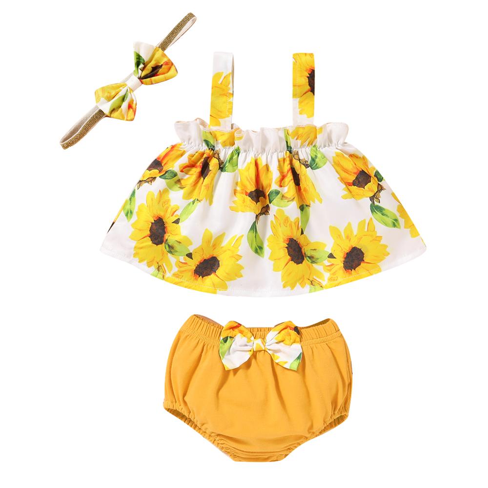 Zomer Peuter Meisje Outfits Mouwloos Vest Zonnebloem Top Geel Shorts Broek Baby Meisje Sets Zuigelingen Kleding: 90(6-12M)