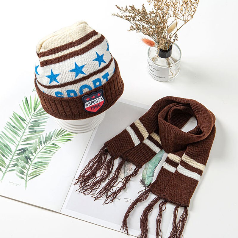 Baby Boy Hat Scarf Sets 1-3 Years Cute Infant Boy Warm Knitted Beanies Winter Scarf Suit Toddler Letter Cap Set Winter Boy Hat: Brown